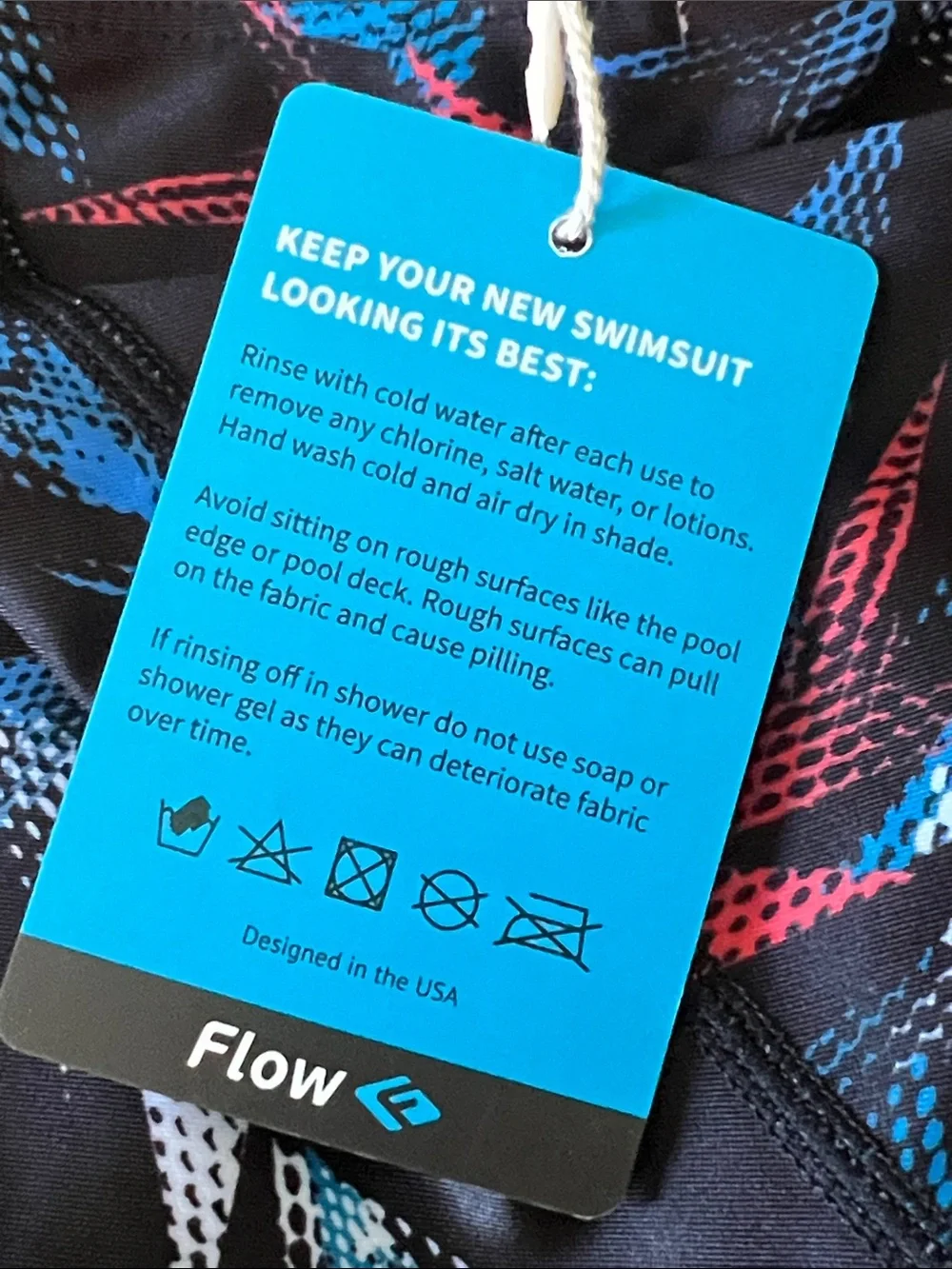Flow Kids' Black Swim Trunks with Red, Blue & White Pattern
